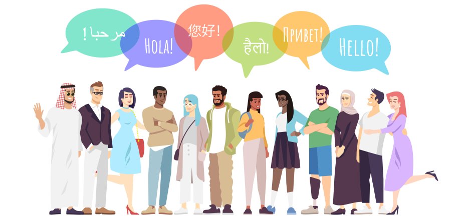 Intercultural communication flat vector illustration. Multinational people with hello in speech bubbles cartoon characters. Greeting phrases in different languages. Multiethnic student community