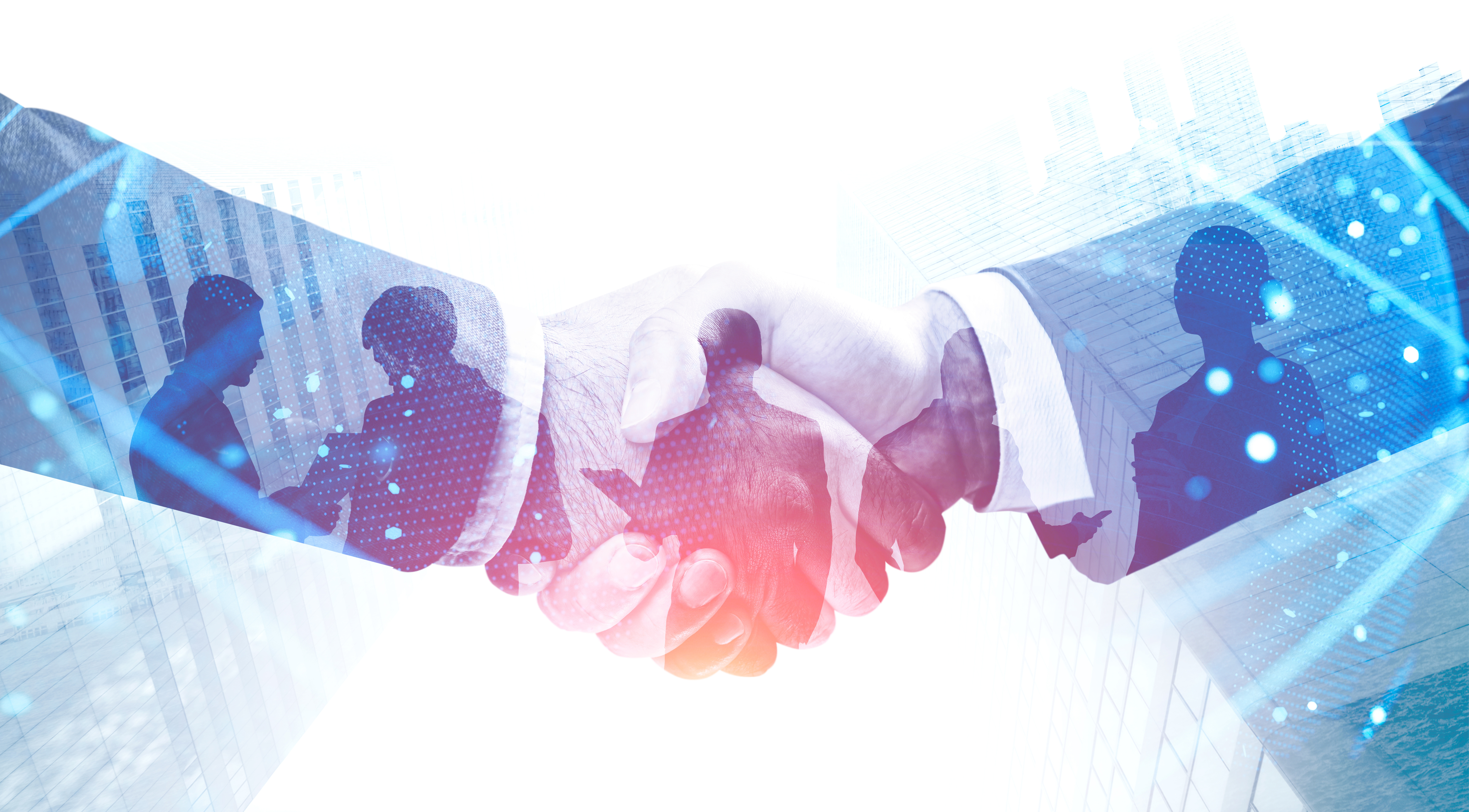 Handshake in city, international partnership Mehrere Personen schütteln sich die Hände
